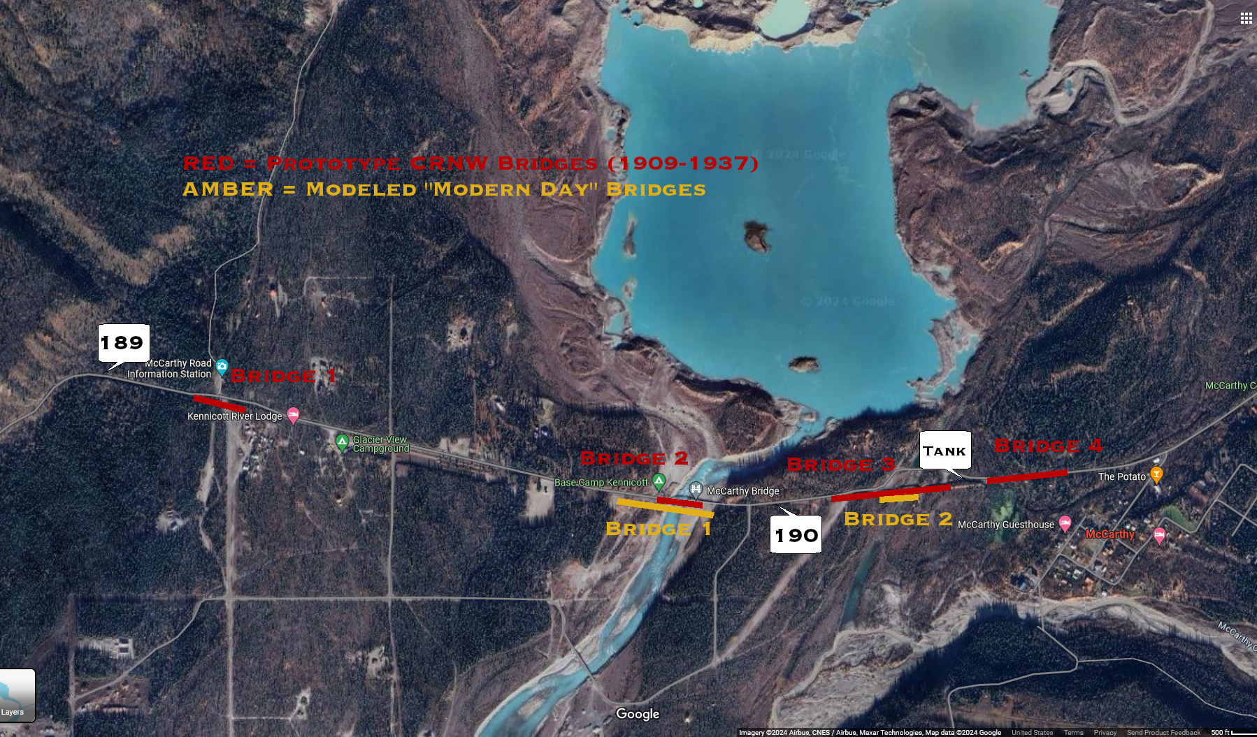 Location of prototype and model bridges over the Kennicott River